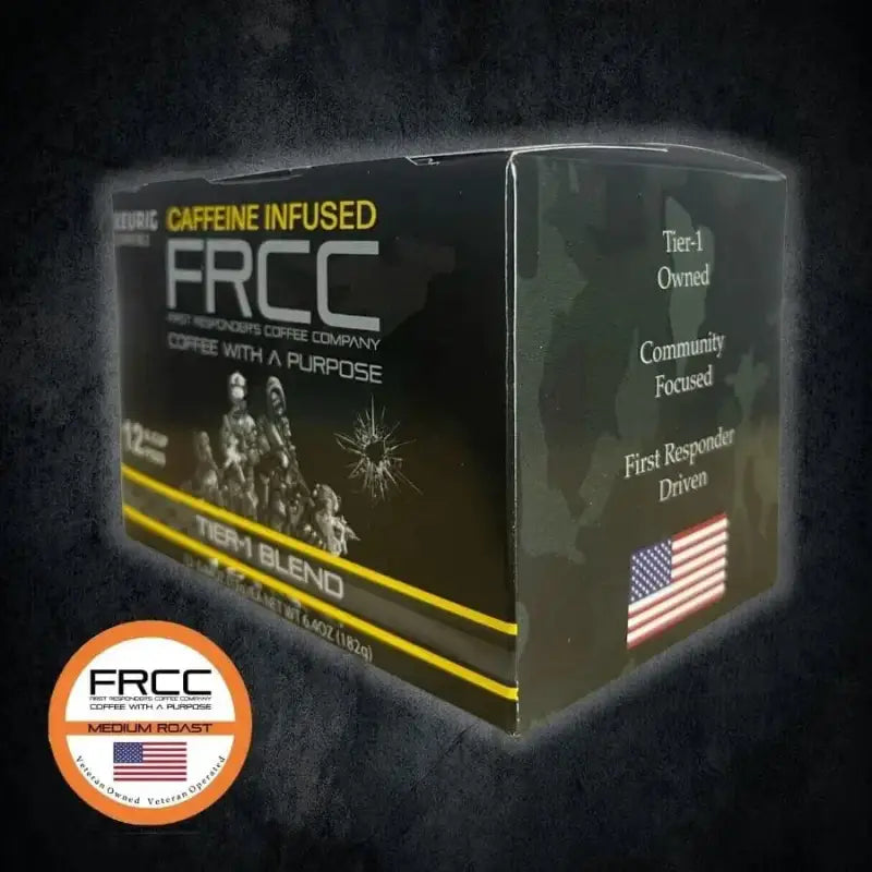 Caffeine-infused FRCC Box 12ct Tier-1 with American flag emblem displayed