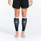 Black calf compression sleeves with white logos worn on legs in Navy over White design