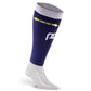 Navy blue and white calf compression sleeves with yellow wide calf sizing text