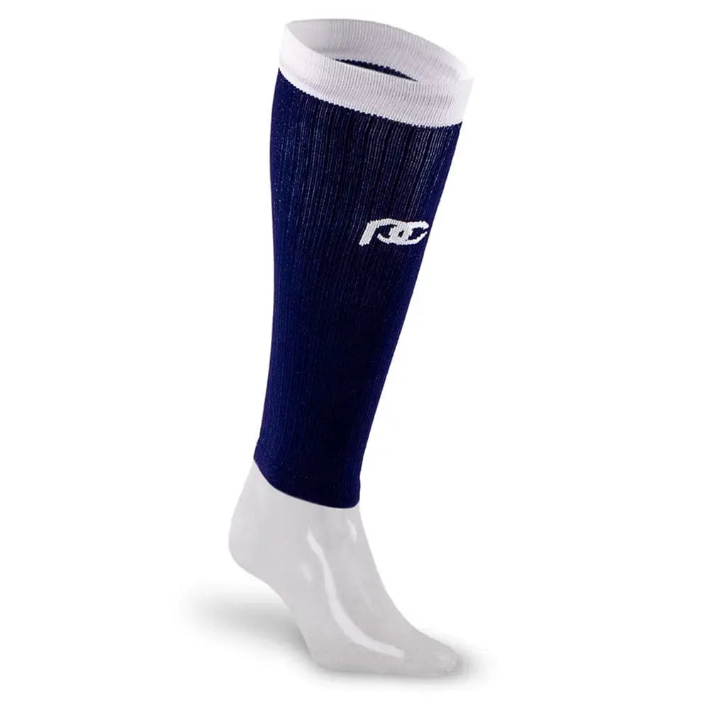 Navy blue calf compression sleeves with white trim and logo for enhanced support