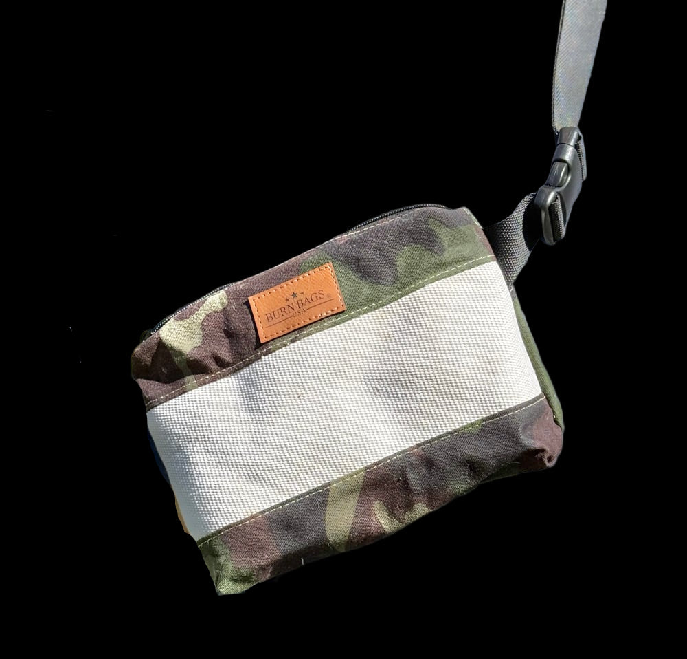 Handmade Fanny Pack USA featuring waterproof waxed canvas and camouflage design, perfect for outdoor adventures.