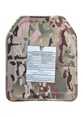 Camo-patterned ballistic plate with warning label for CRUSADER 2.0 ARMOR body armor by Redemption Tactical in large size