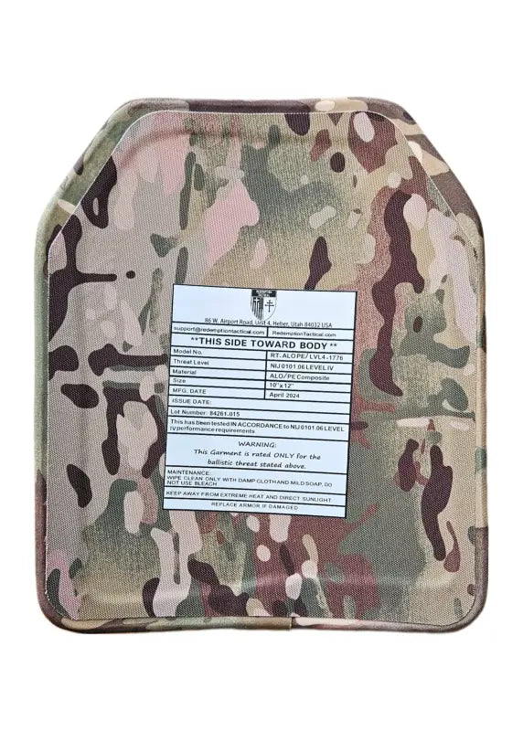 Camo-patterned ballistic plate with warning label for CRUSADER 2.0 ARMOR body armor by Redemption Tactical in large size