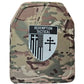 Camo-patterned ballistic plate with Redemption Tactical shield patch for large size body armor