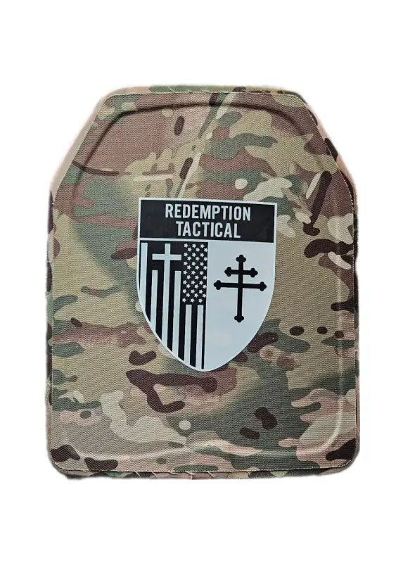 Camo-patterned ballistic plate with Redemption Tactical shield patch for large size body armor