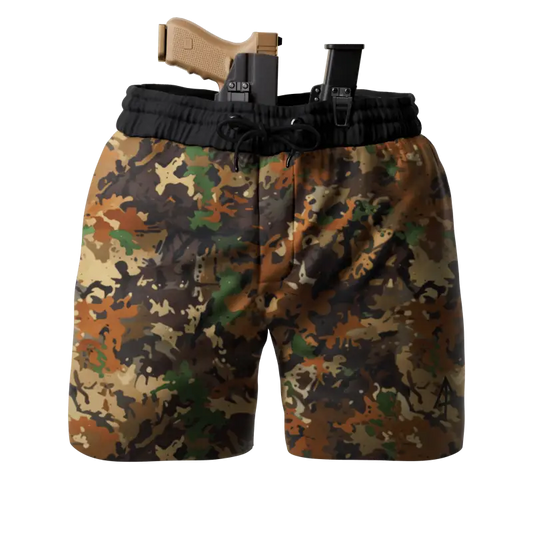 Carrier Training Shorts 5 Inseam with Camo Pattern and Holstered Gun for Concealed Carry