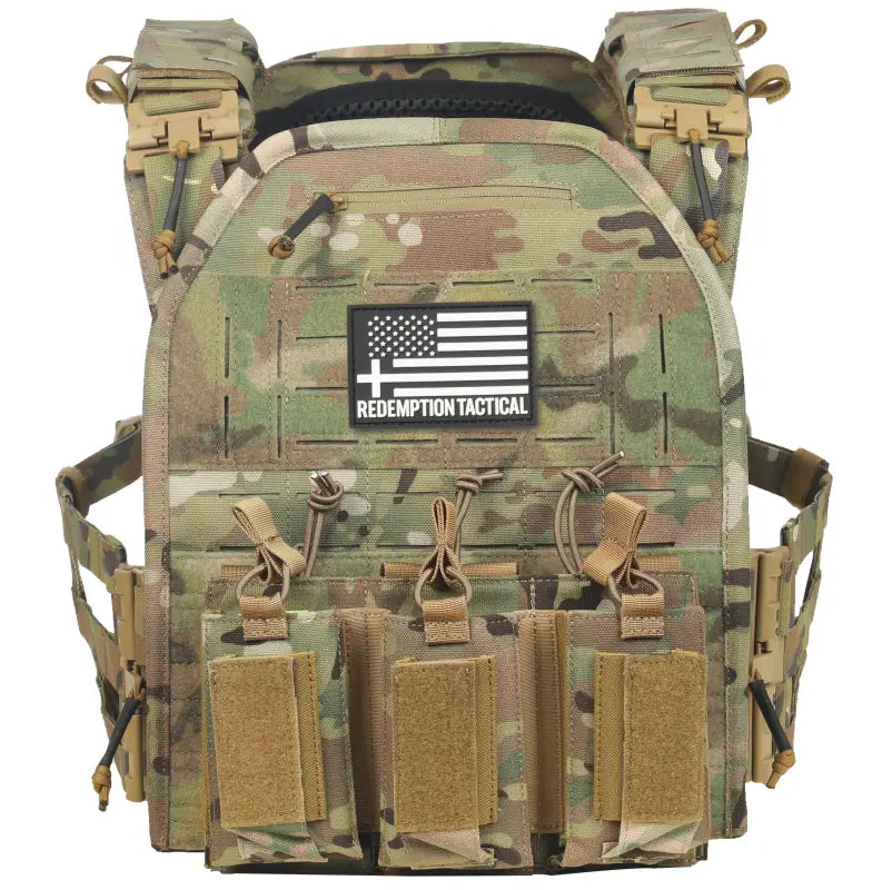 Camo tactical vest with magazine pouches and Redemption Tactical flag patch, large size body armor