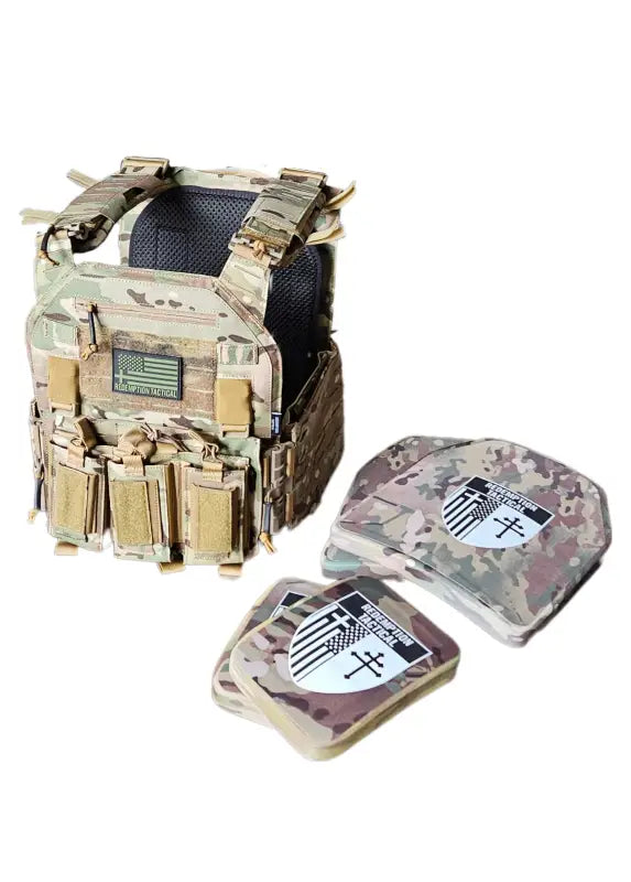 Camo tactical vest with pouches and plate inserts for large size body armor by Redemption Tactical