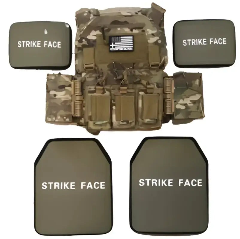 Camo tactical vest with four ballistic plates from Crusader 2.0 full armor kit including medical kit