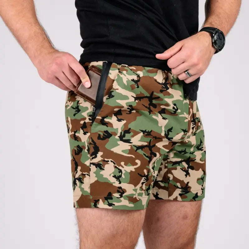 Camouflage athletic training shorts for carrier training and concealed carry workouts
