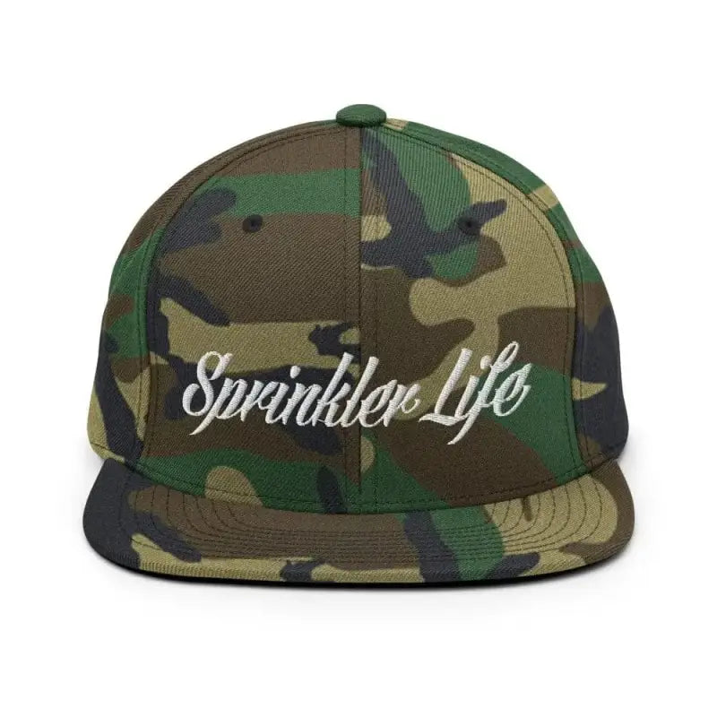 Green camo Sprinkler Life Snapback hat with white script embroidery