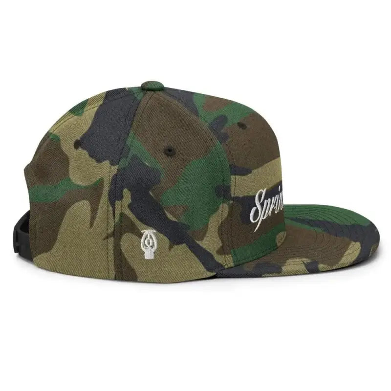 Camouflage baseball cap with white script on side, perfect for Sprinkler Life Snapback