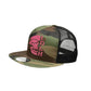 Camo trucker hat with black mesh and pink lettering from New Era Camo Trucker collection