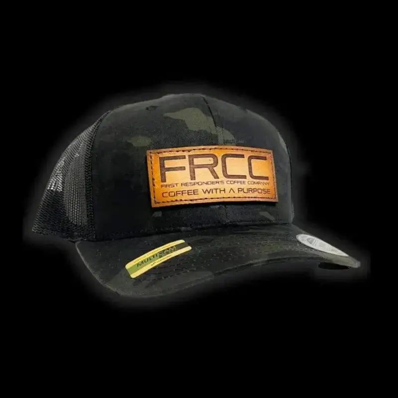 Camouflage mesh trucker hat black multicam coffee with orange leather FREE patch