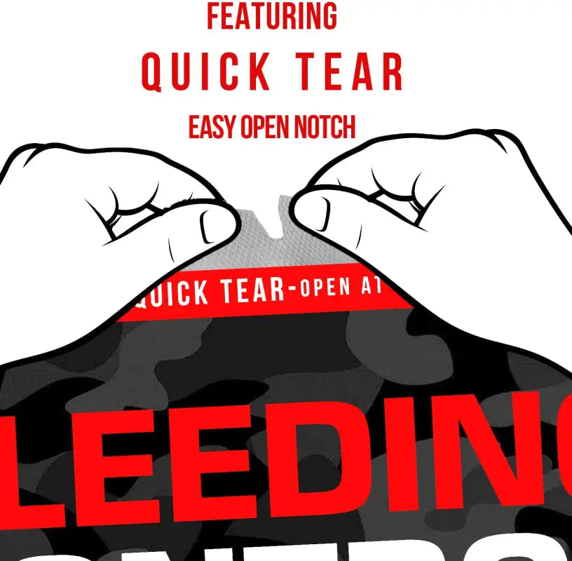 Camouflage bleeding control kit package with quick-tear opening for first responders and firefighters
