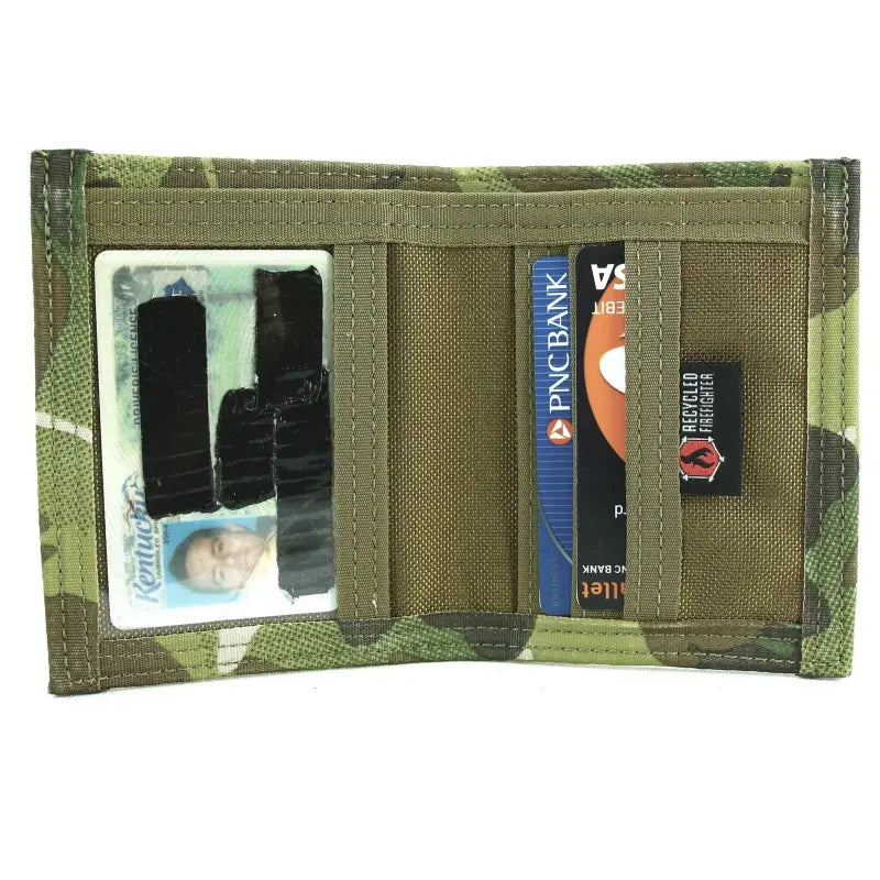 Camouflage pattern tri-fold wallet in Coyote Combat Leather with ID window and card slots