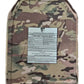 Camouflage-patterned ballistic plate with warning label for BIG BOY Crusader 2.0 XL body armor