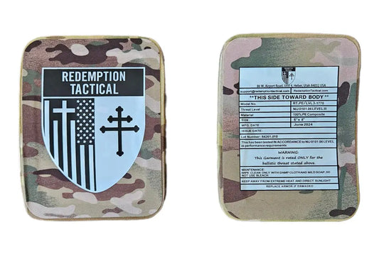 Camouflage body armor side plates with Redemption Tactical Level III logo and info