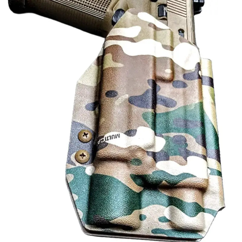 Camouflage-patterned Multimount Holster X300-U A/B with mounting hardware for suppressor height sights