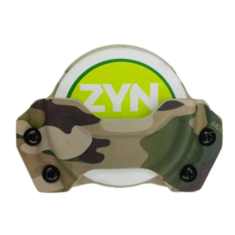 Camouflage-patterned Zyn Can Holder with clear window displaying Zyn text