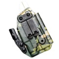 Camouflage-patterned Kydex Light Bearing IWB Holster with black mounting clips