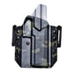 Camouflage-patterned Kydex OWB Holster with black mounting hardware, threaded barrel compatible