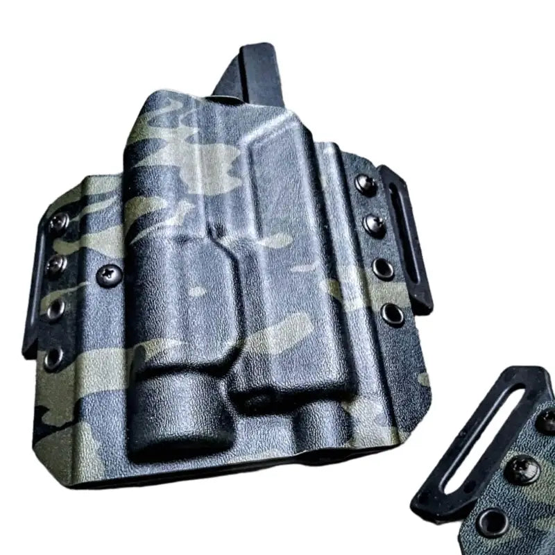 Camouflage-patterned Kydex OWB Holster with black hardware, threaded barrel compatible