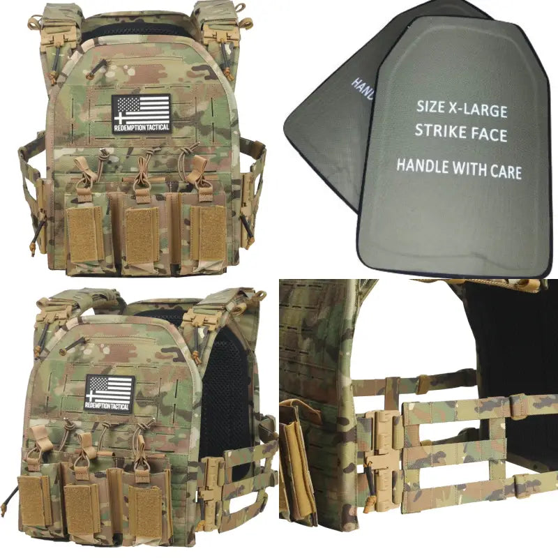 Camouflage tactical body armor with MOLLE webbing and large size ballistic plates