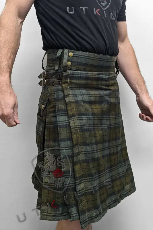 Camouflage-patterned Black Watch Weathered Tartan Utility Kilt with cargo pockets and pleats