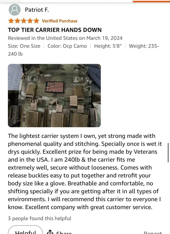 Camouflage body armor with American flag patch from Redemption Tactical, large size Level IV kit