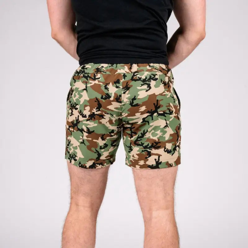 Camouflage print carrier training shorts with 5-inch inseam for concealed carry training