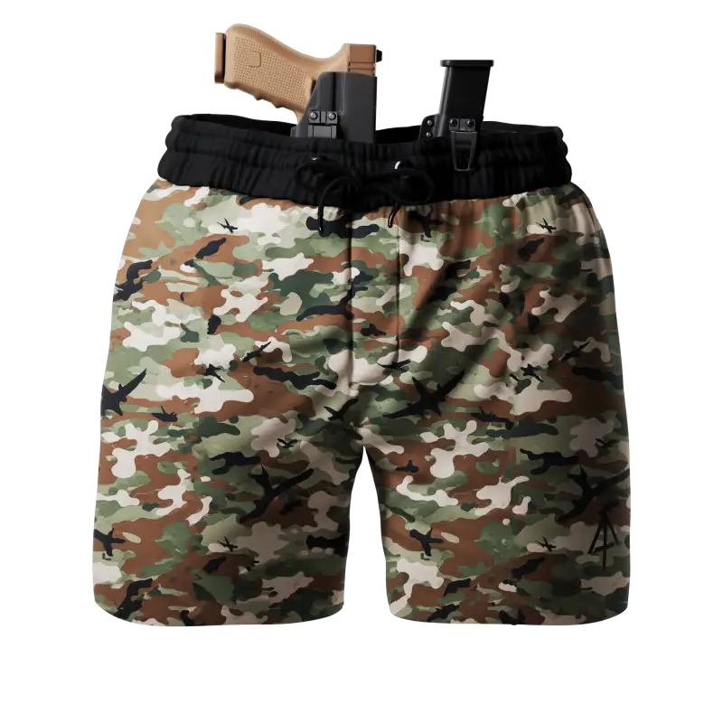 Camouflage carrier training shorts with concealed carry gun holster for training and outdoor use