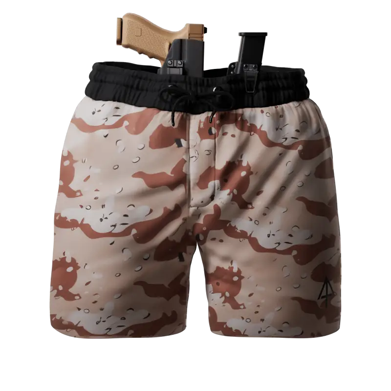 Camouflage carrier training shorts with gun holster and concealed carry design