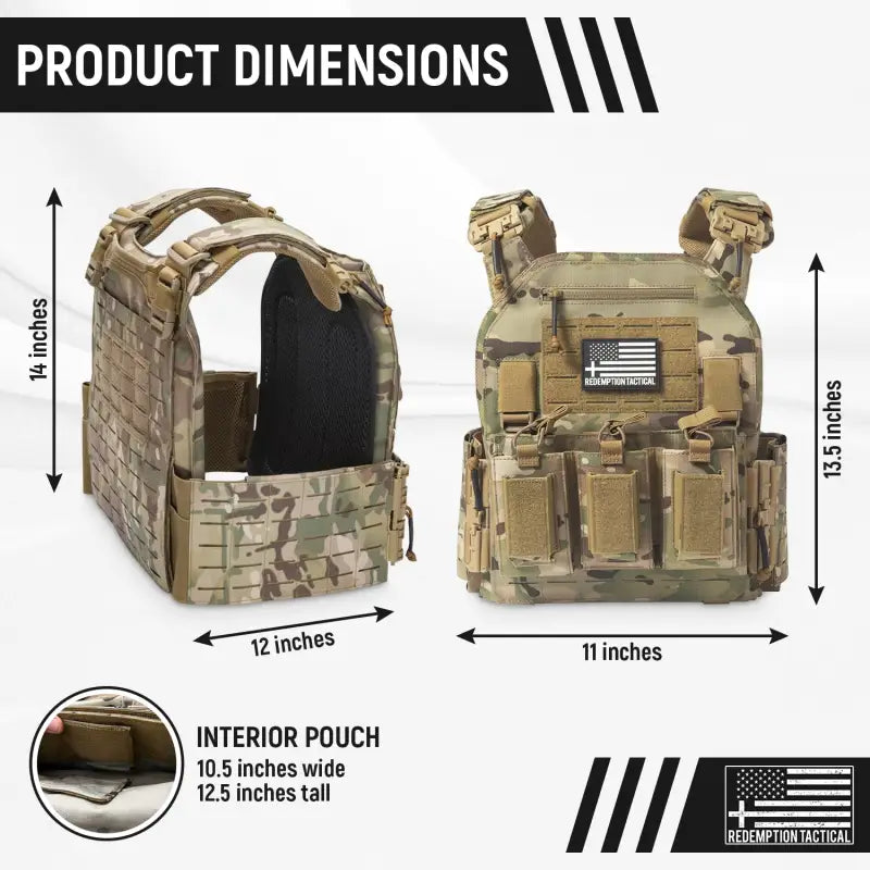 Camouflage tactical body armor with molle webbing and interior pouch, large size, by Redemption Tactical