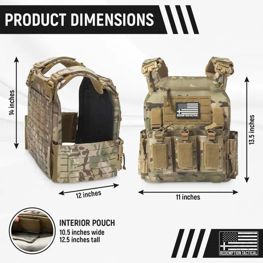 Camouflage tactical body armor with molle webbing and interior pouch, large size, by Redemption Tactical