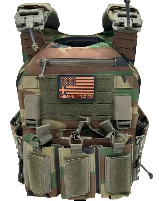 Camouflage tactical body armor with molle webbing and pouches, large size, by Redemption Tactical