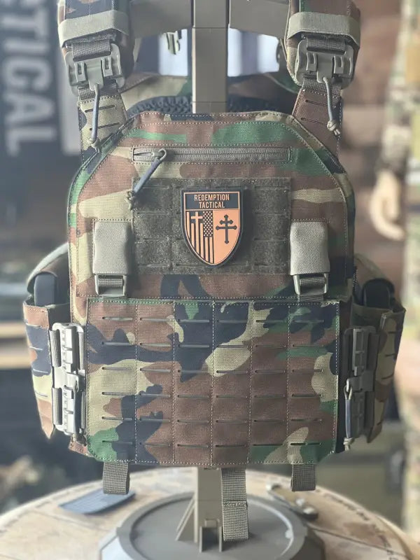 Camouflage tactical body armor with morale patch from Redemption Tactical, large size kit