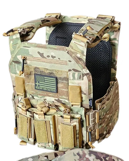 Camouflage tactical vest with pouches and American flag patch, Redemption Tactical plate carrier