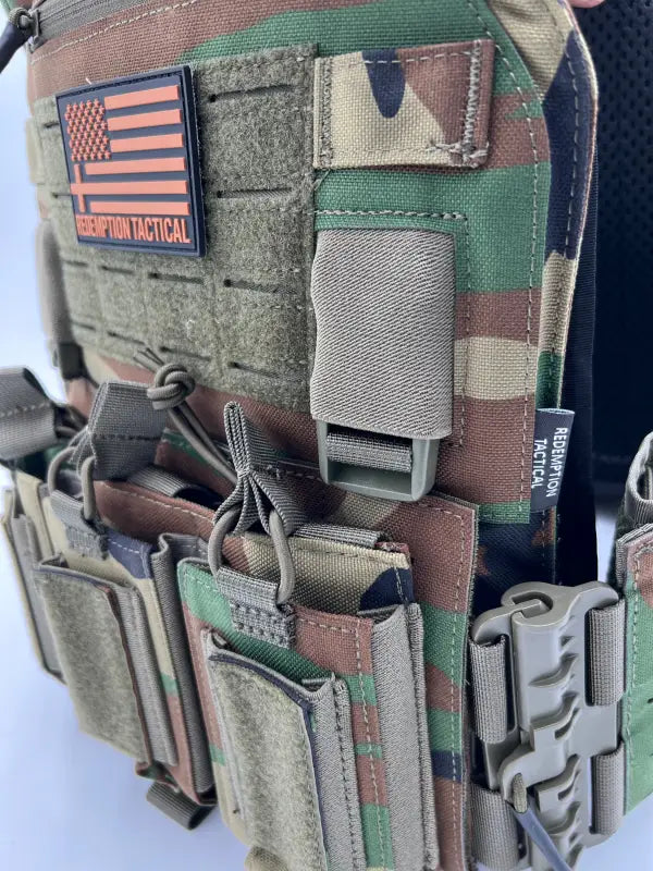 Camouflage tactical vest with American flag patch, body armor, large size, Redemption Tactical