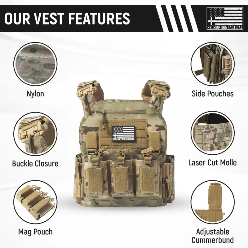 Camouflage tactical vest with pouches and adjustable straps for large size body armor by Redemption Tactical