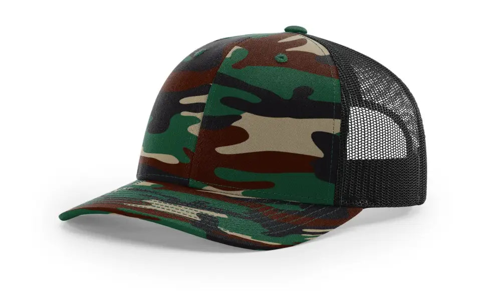 Camouflage trucker hat with leather patch for firefighters and first responders in Dumpster Fire collection