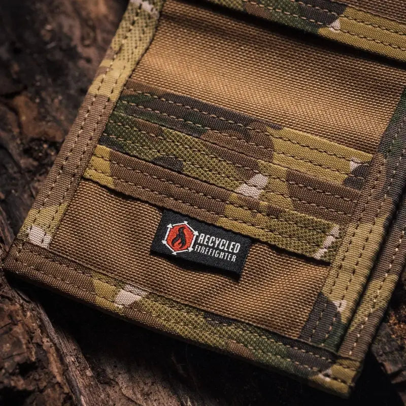 Camouflage wallet with Recycled Firefighter label in Coyote Combat Leather design