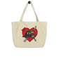 Canvas tote bag featuring firefighter helmet and crossed axes over a heart large organic design