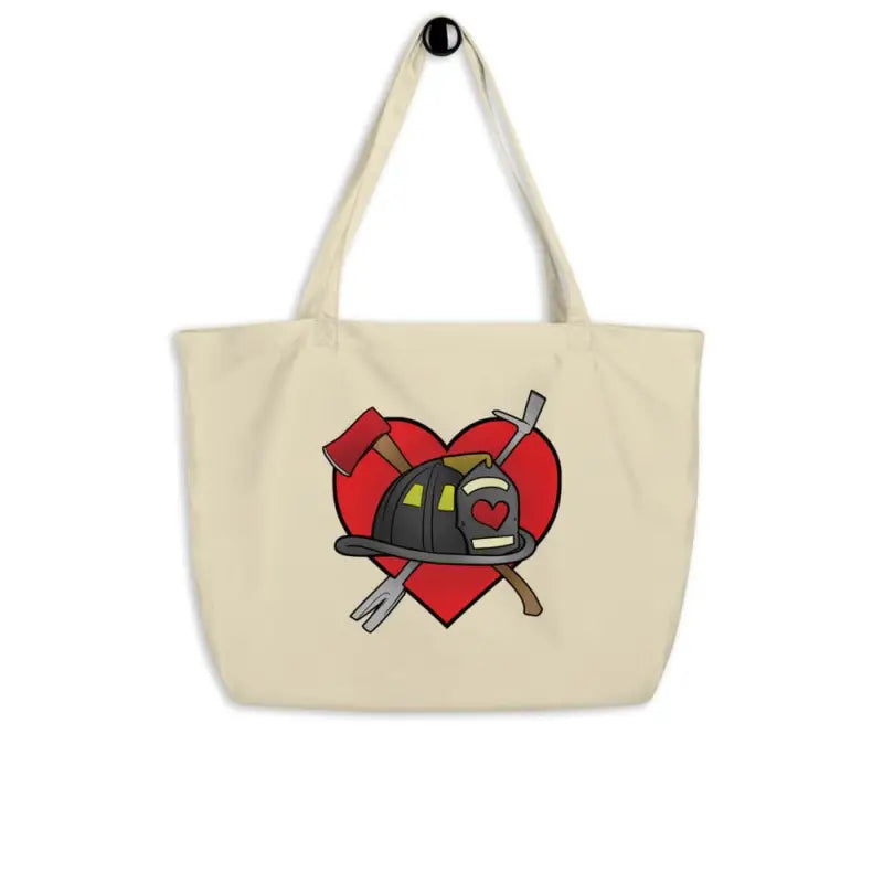 Canvas tote bag featuring firefighter helmet and crossed axes over a heart large organic design