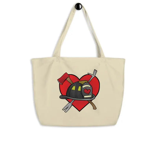 Canvas tote bag featuring firefighter helmet and crossed axes over a heart large organic design