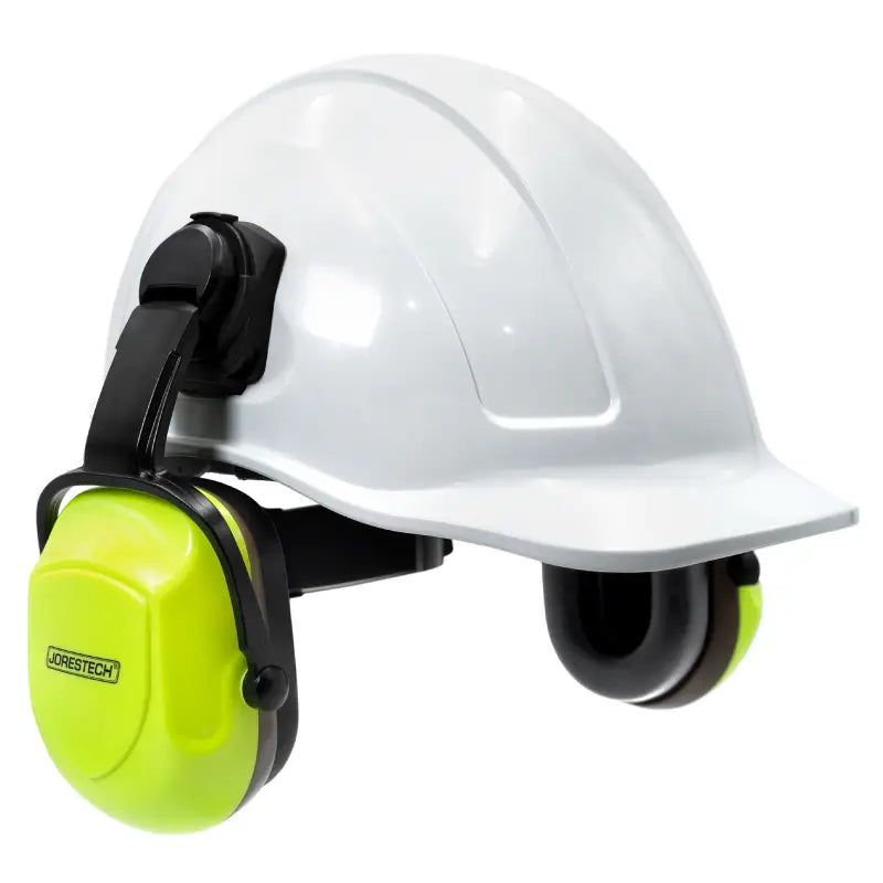 White cap-style hard hat kit with high vis mountable earmuffs for safety and protection