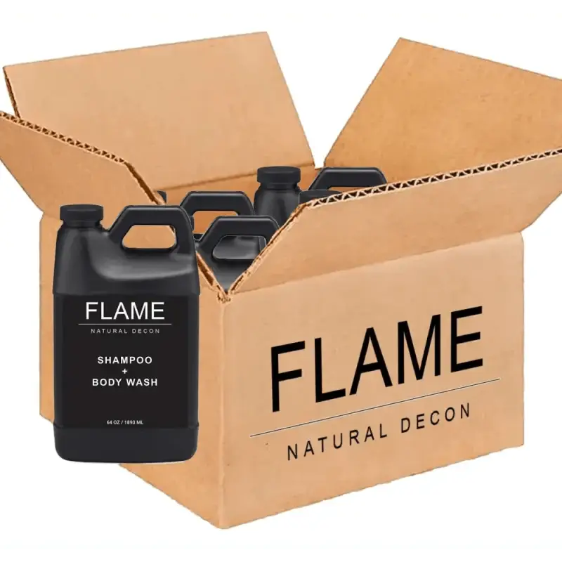 Cardboard box with Flame Natural Decon shampoo and body wash made from naturally derived ingredients