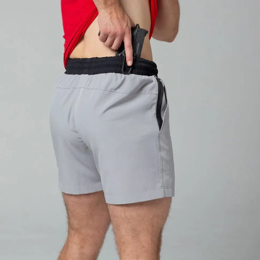 Light gray Carrier Training Shorts with black waistband for concealed carry comfort