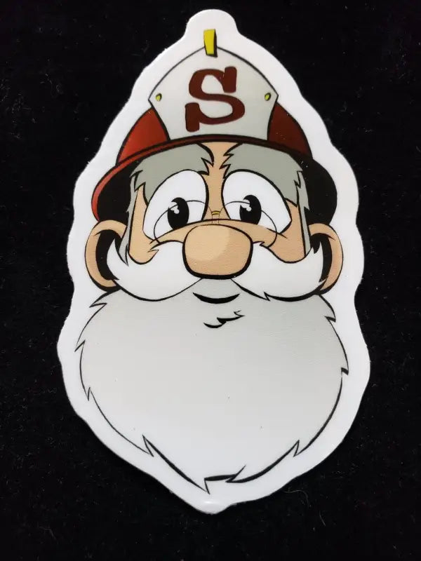 Cartoon sticker of a bearded character in a cap, featured in Firefighter Santa Sticker