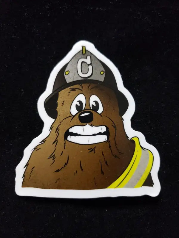 Cartoon sticker of a firefighter mascot for Firefighting Wookie, honoring first responders